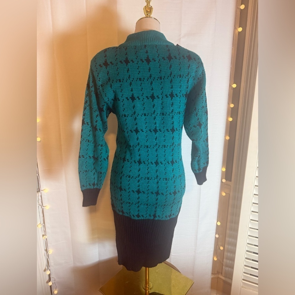 Milano Vintage Knit Sweater Dress Teal Black Asymmetrical Button M 80s 90s - Picture 2 of 6